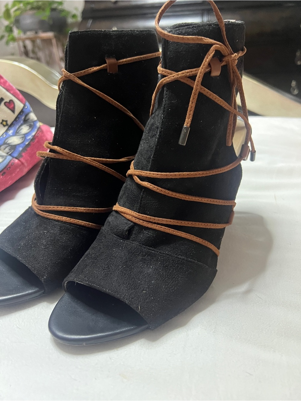 Franco Sarto Black Suede Lace-Up Peep Toe Ankle Boots - Women's